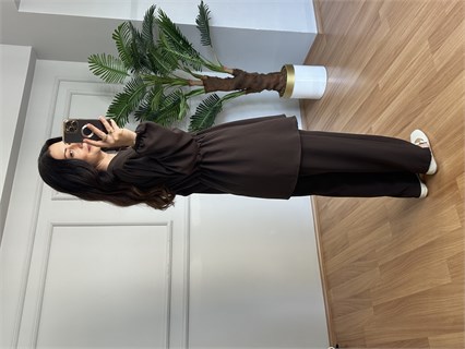 Tiana Kahve Beli Büzgülü Gömlek Pantolon Takım 