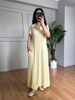 Trio Sarı Düşük Kol Pike Modal Elbise