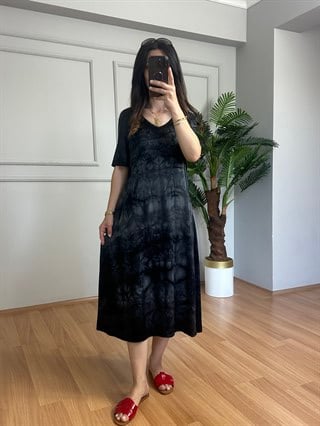 Truva Füme Batik Desen Likralı Viskon Elbise