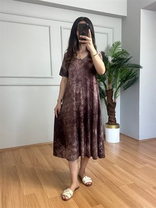 Truva Kahve Batik Desen Likralı Viskon Elbise