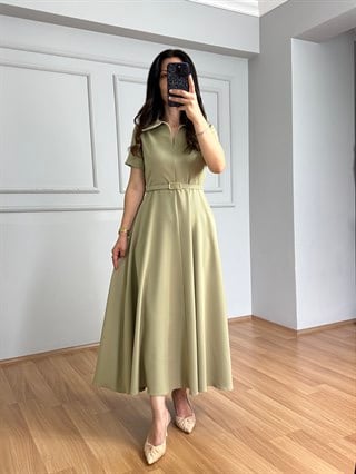 Valeria Haki Premium Kalite Kemerli Elbise