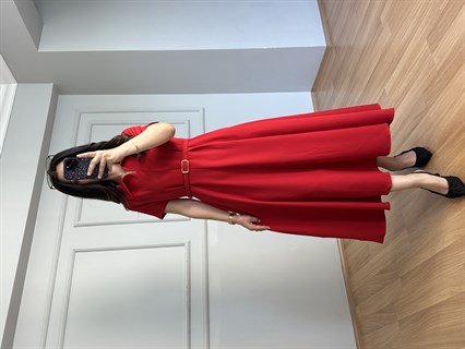 Valeria Kırmızı Premium Kalite Kemerli Elbise