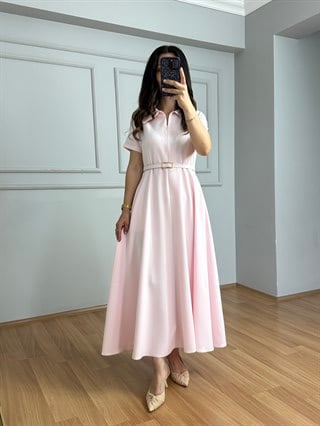 Valeria Pembe Premium Kalite Kemerli Elbise 
