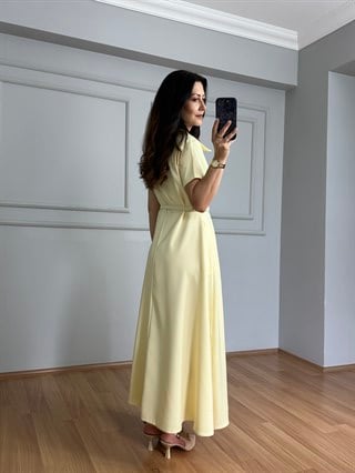 Valeria Sarı Premium Kalite Kemerli Elbise