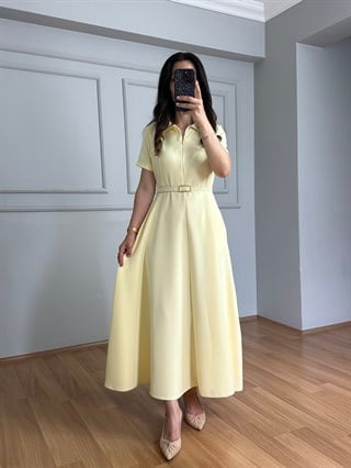 Valeria Sarı Premium Kalite Kemerli Elbise