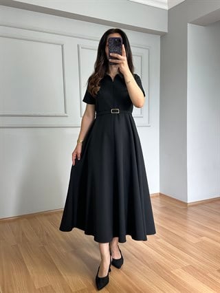 Valeria Siyah Premium Kalite Kemerli Elbise