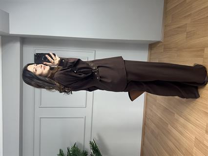 Velora Acı Kahve Gold Detay Tensel Gabardin Gömlek Pantolon Takım