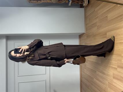 Velora Acı Kahve Gold Detay Tensel Gabardin Gömlek Pantolon Takım