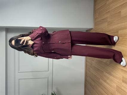 Velora Bordo Gold Detay Tensel Gabardin Gömlek Pantolon Takım