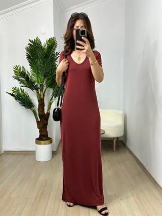 Vişne-Kiremit Orjinal Oysh Modal Kumaş V Yaka Elbise