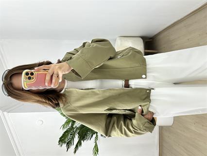 Yağ Yeşili Tencel Gabardin Kumaş Balon Trençkot