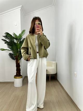 Yağ Yeşili Tencel Gabardin Kumaş Balon Trençkot
