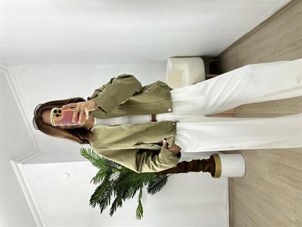 Yağ Yeşili Tencel Gabardin Kumaş Balon Trençkot