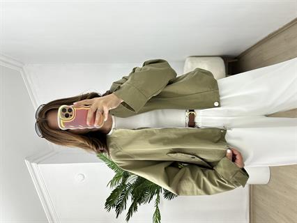 Yağ Yeşili Tencel Gabardin Kumaş Balon Trençkot