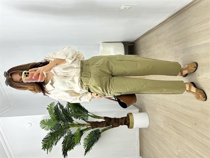 Yağ Yeşili Tencel Gabardin Kumaş Kargo Cepli Havuç Pantolon