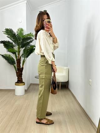 Yağ Yeşili Tencel Gabardin Kumaş Kargo Cepli Havuç Pantolon