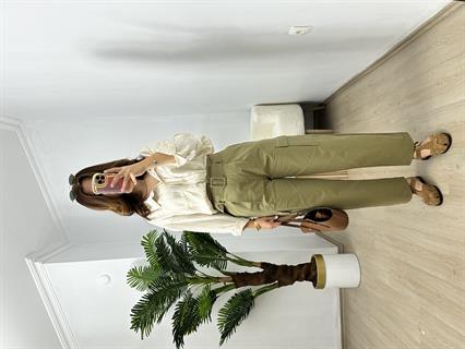 Yağ Yeşili Tencel Gabardin Kumaş Kargo Cepli Havuç Pantolon