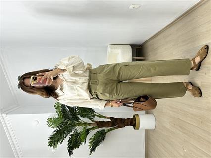 Yağ Yeşili Tencel Gabardin Kumaş Kargo Cepli Havuç Pantolon