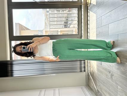 Yeşil Keten Önden Dikişli Bol Pantolon