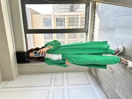 Yeşil Pamuk Keten Uzun Gömlek Şalvar Takım