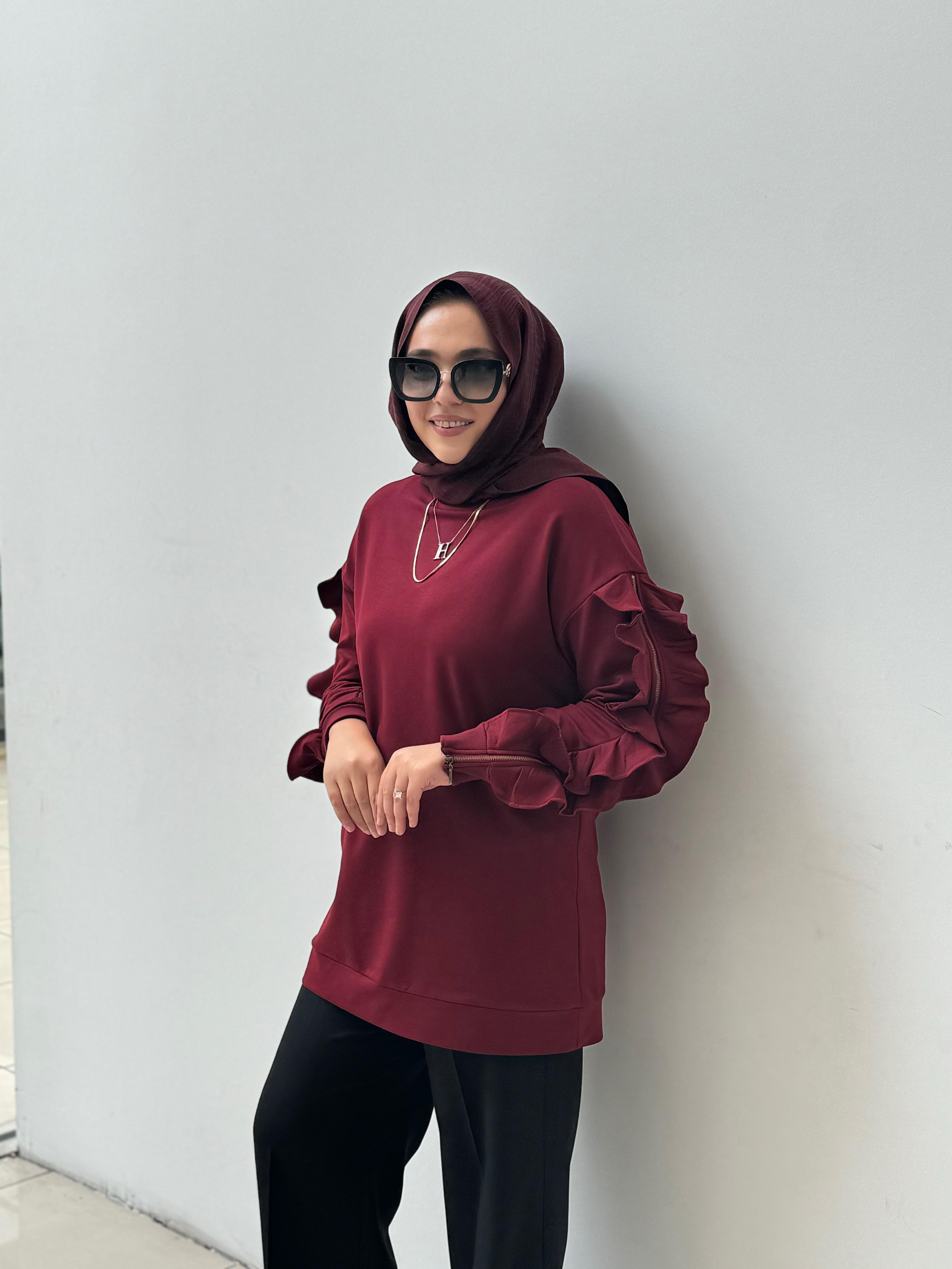 Kolu Volanlı Sweatshirt Bordo