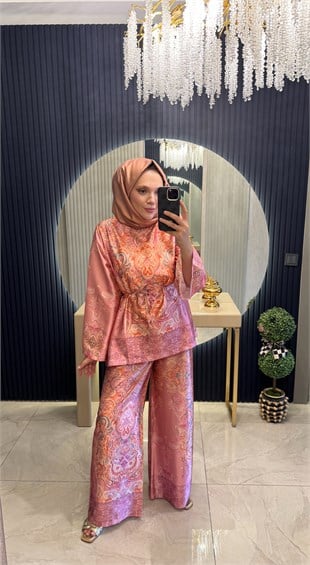 Desenli Saten Takım Pembe 