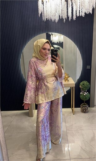 Desenli Saten Takım Sarı