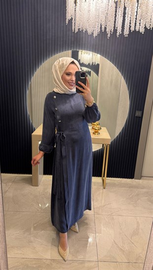 Düğmeli İpek Cupra Lacivert