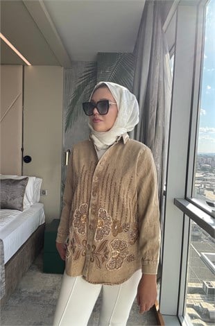 İşlemeli Kot Ceket Camel