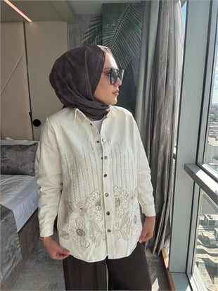 İşlemeli Kot Ceket Ekru