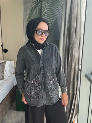 İşlemeli Kot Ceket Füme
