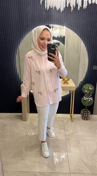 Keten Çizgili Gömlek Pembe
