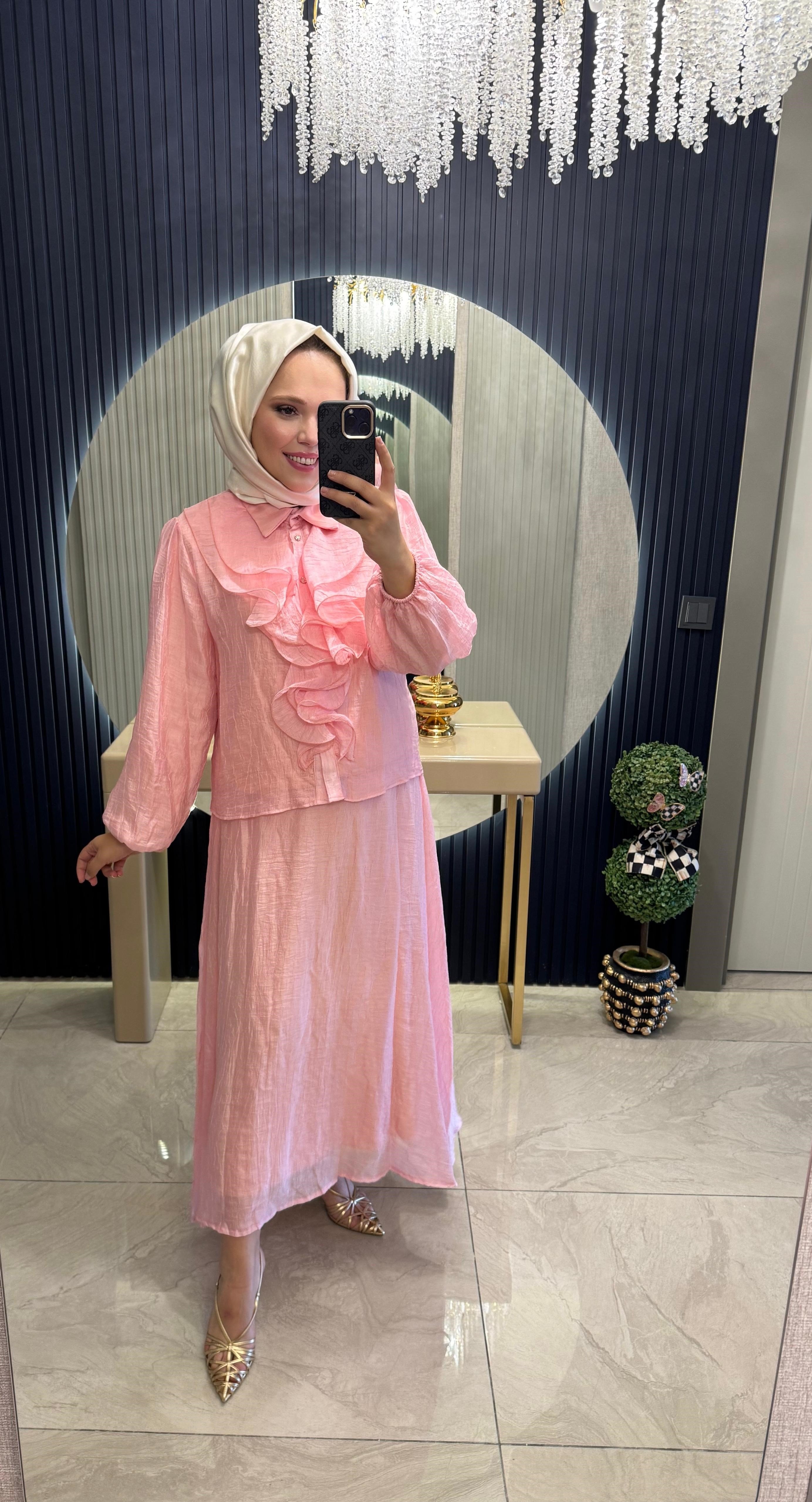 Büzgülü Etekli Takım Pembe