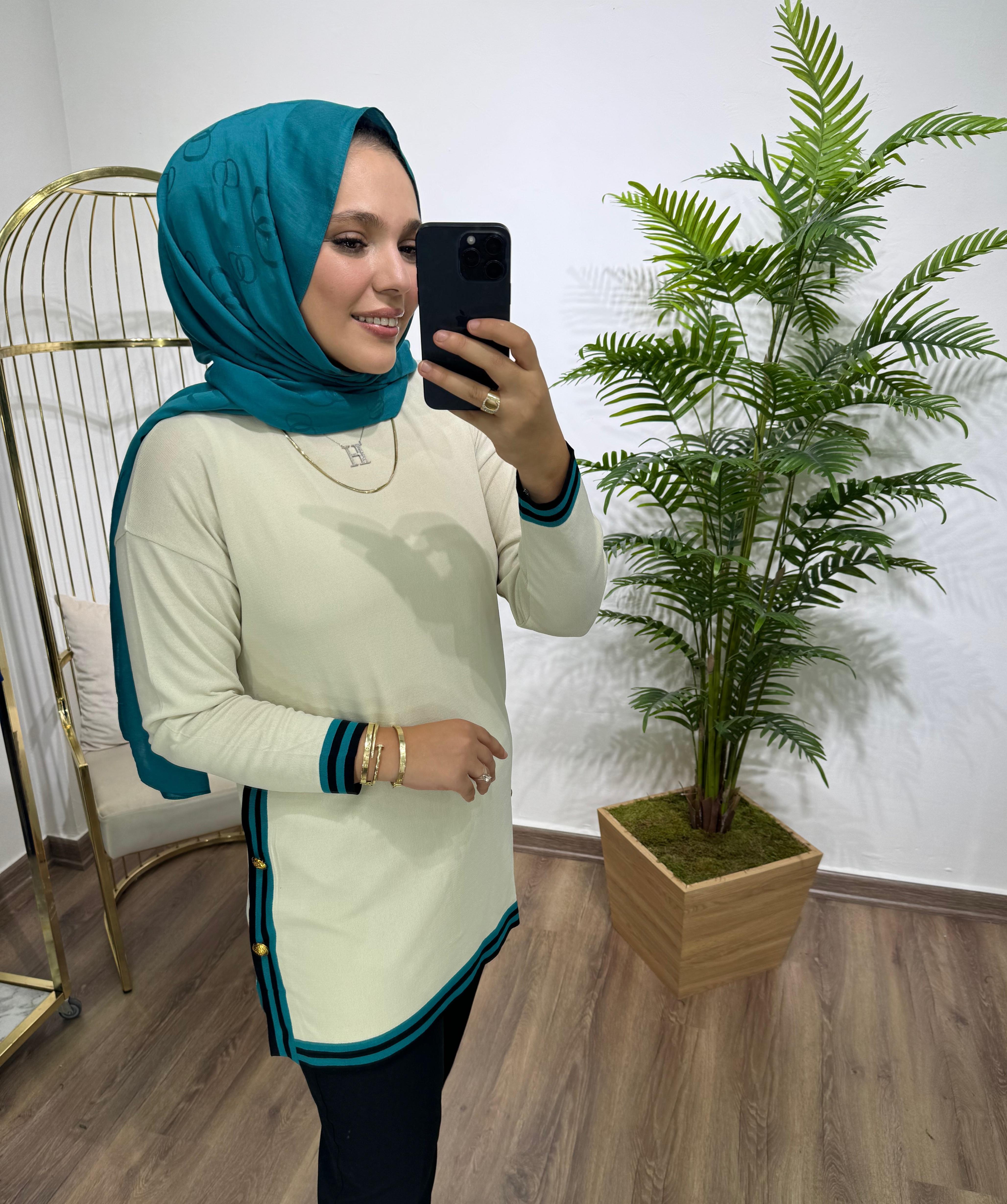 Çizgili Çelik Örme Tunik Bej