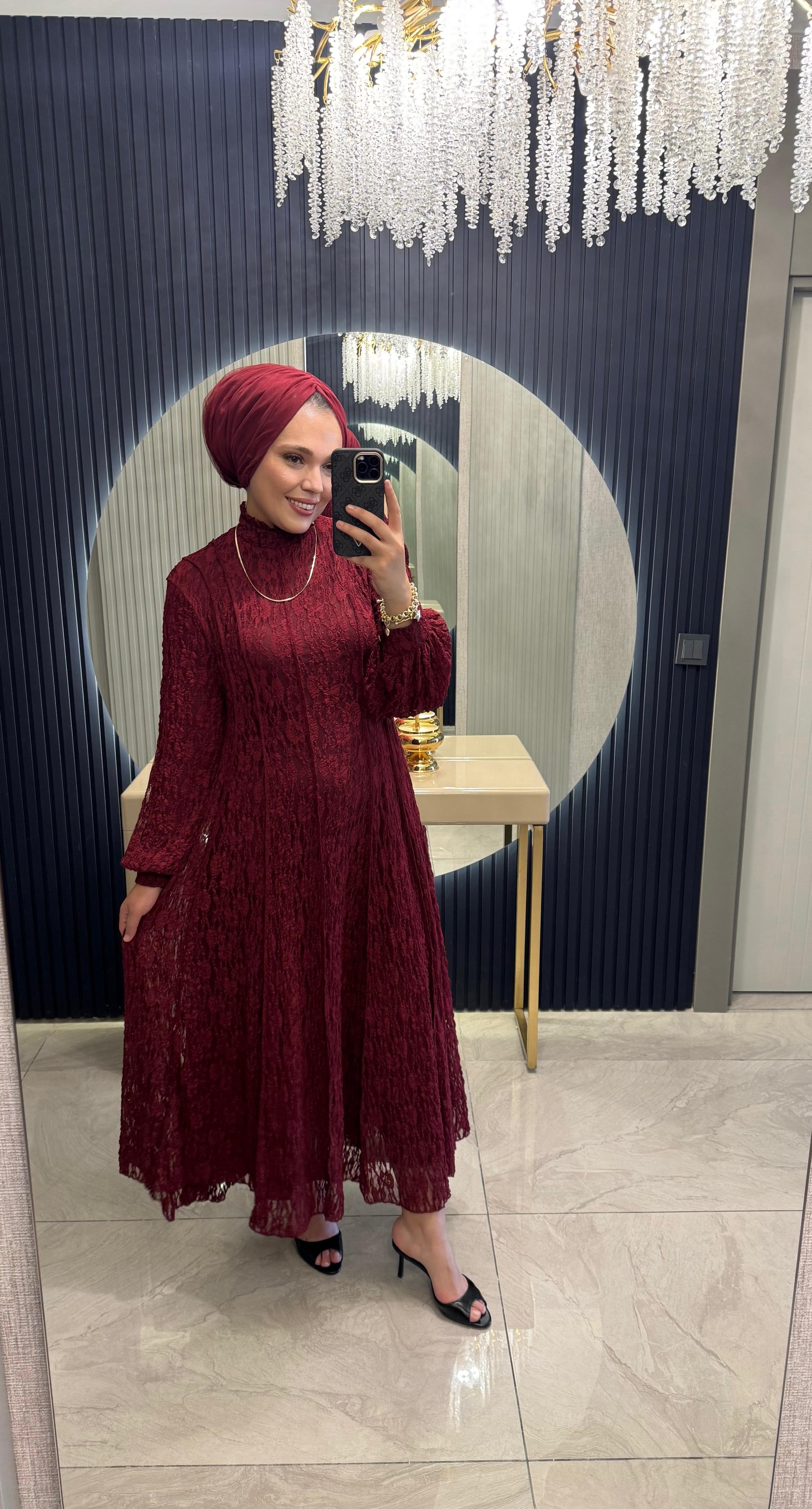 Dantel Elbise Bordo
