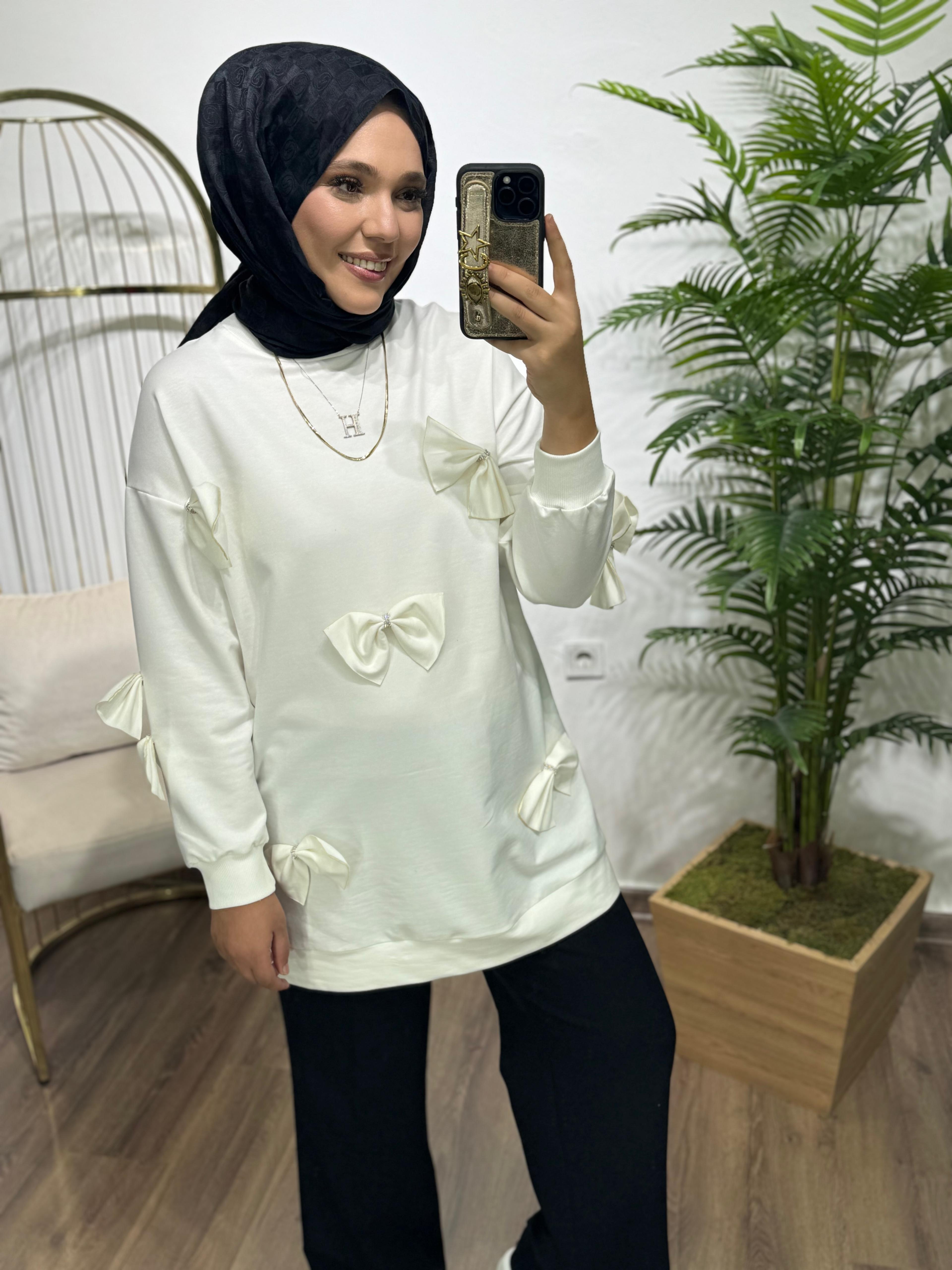 Fiyonklu Sweatshirt Beyaz