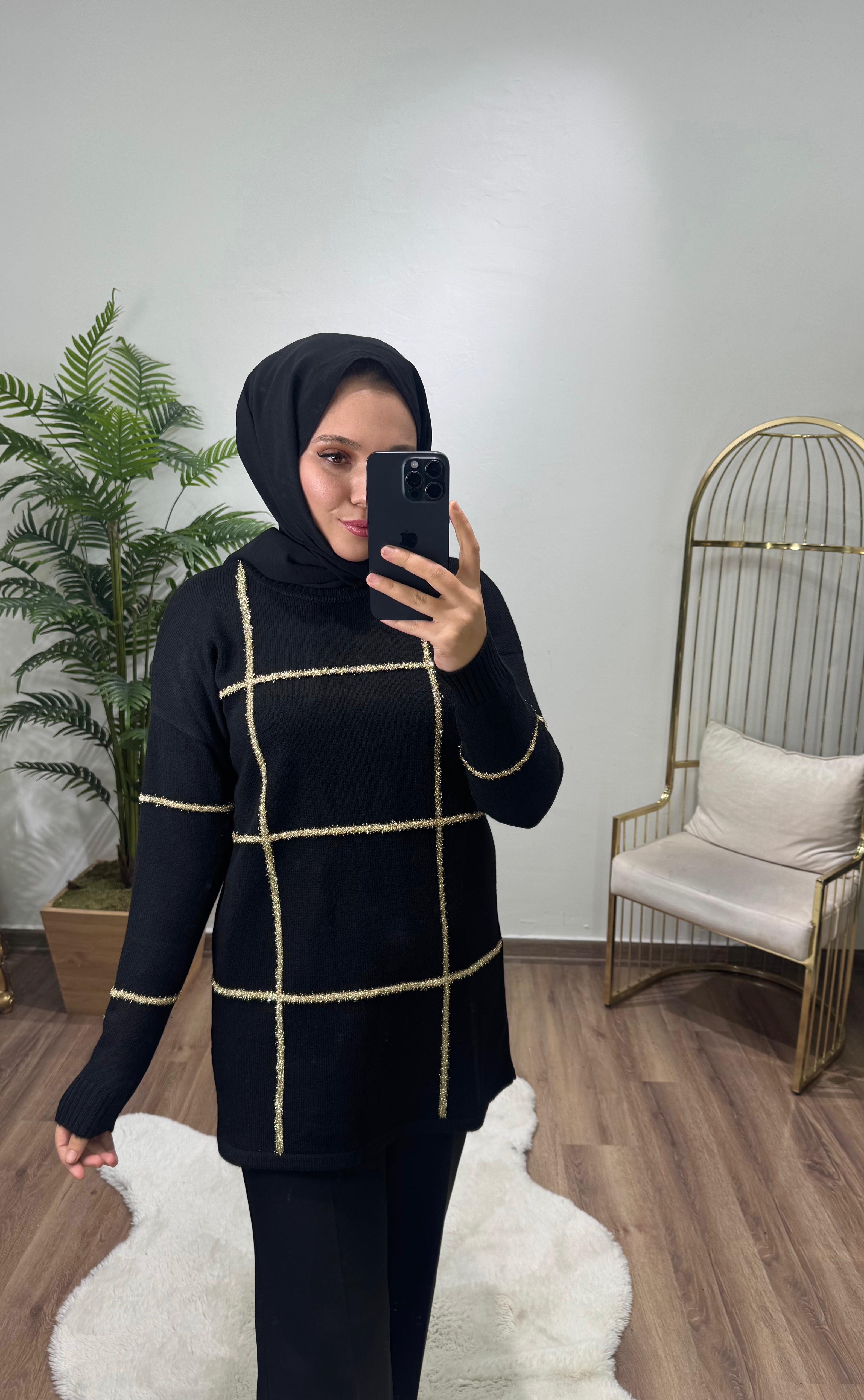 Gold Sim Çizgi Detaylı Triko Kazak