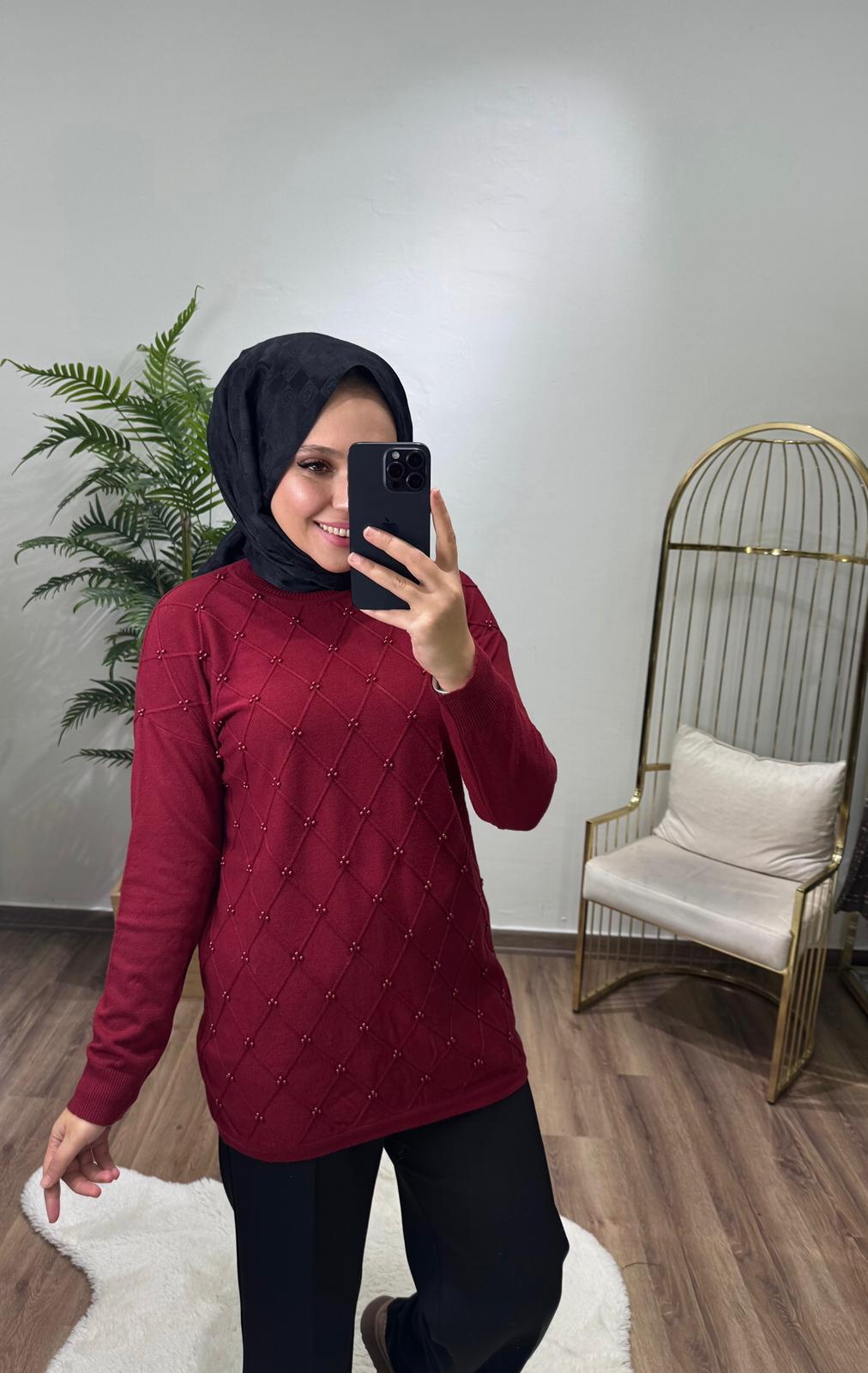 İncili Tunik Bordo