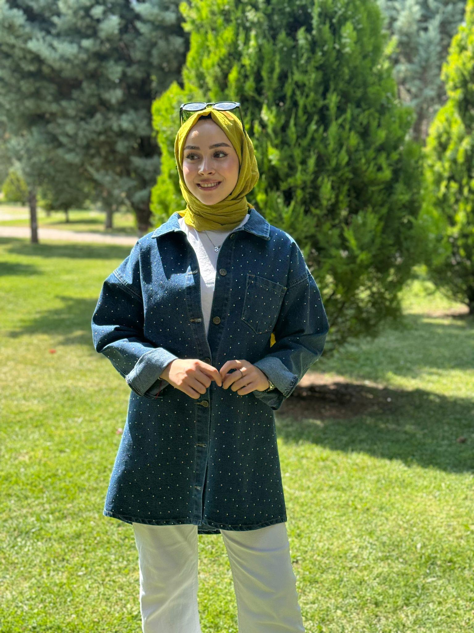 İşlemeli Kot Ceket Lacivert