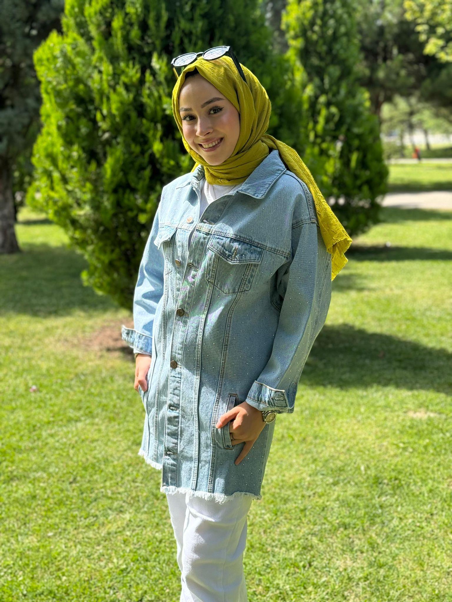 İşlemeli Kot Ceket Mavi