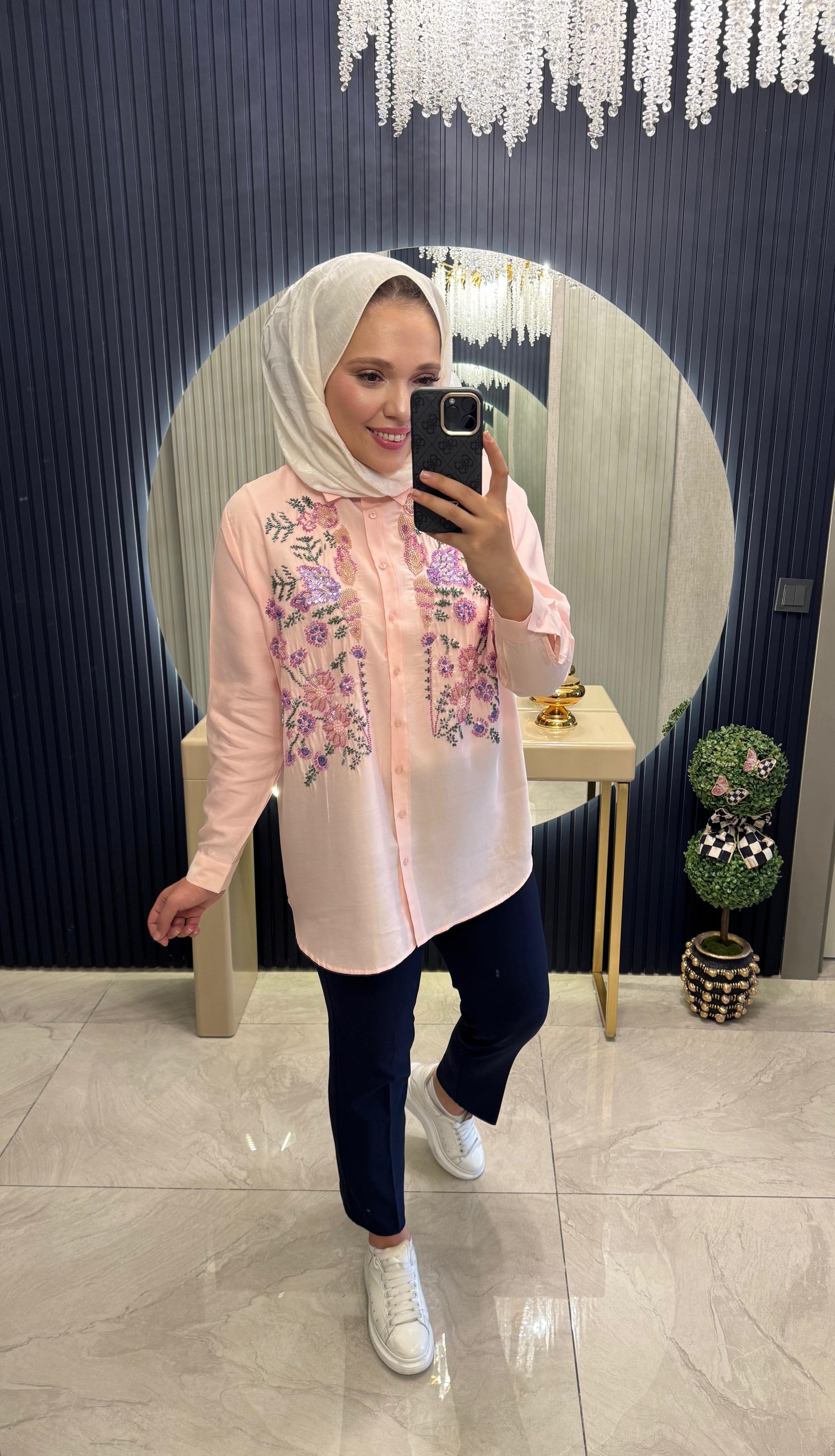 İşlemeli Pamuk Gömlek Pembe