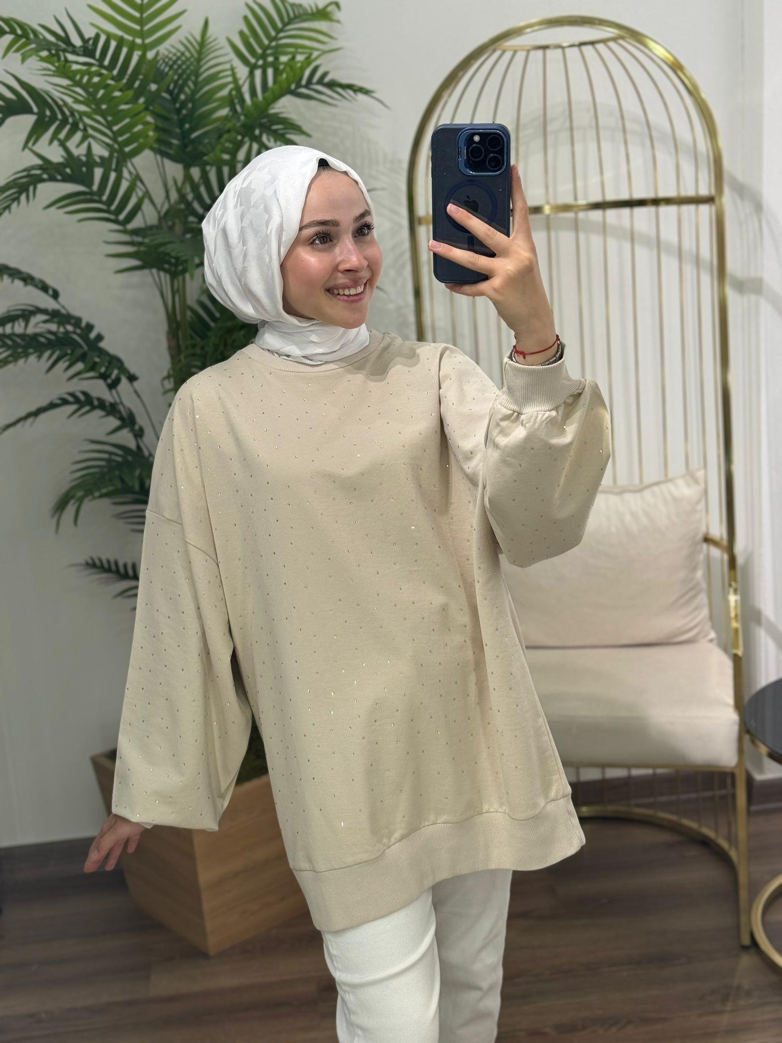 İşlemeli Sweatshirt Bej