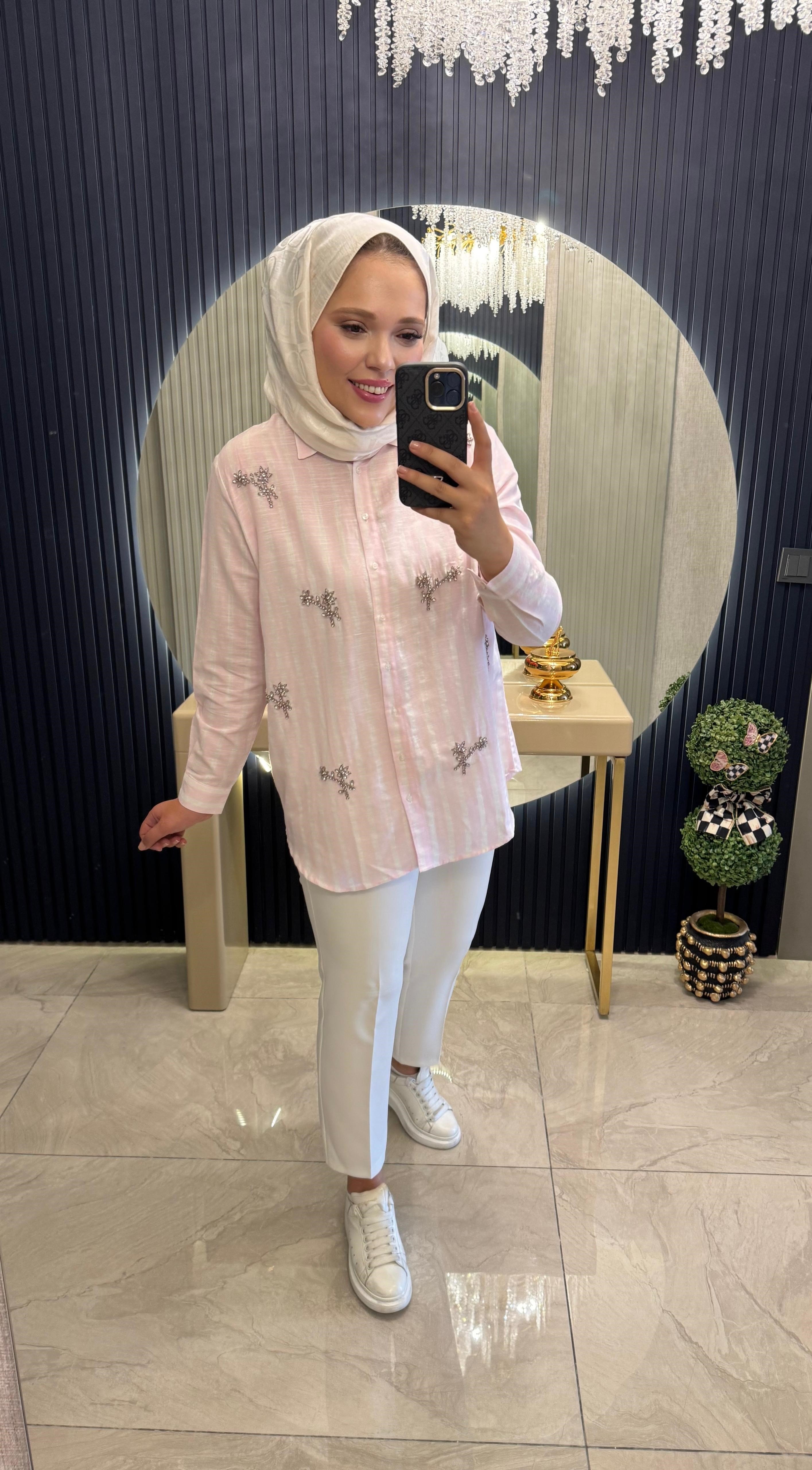 Keten Çizgili Gömlek Pembe