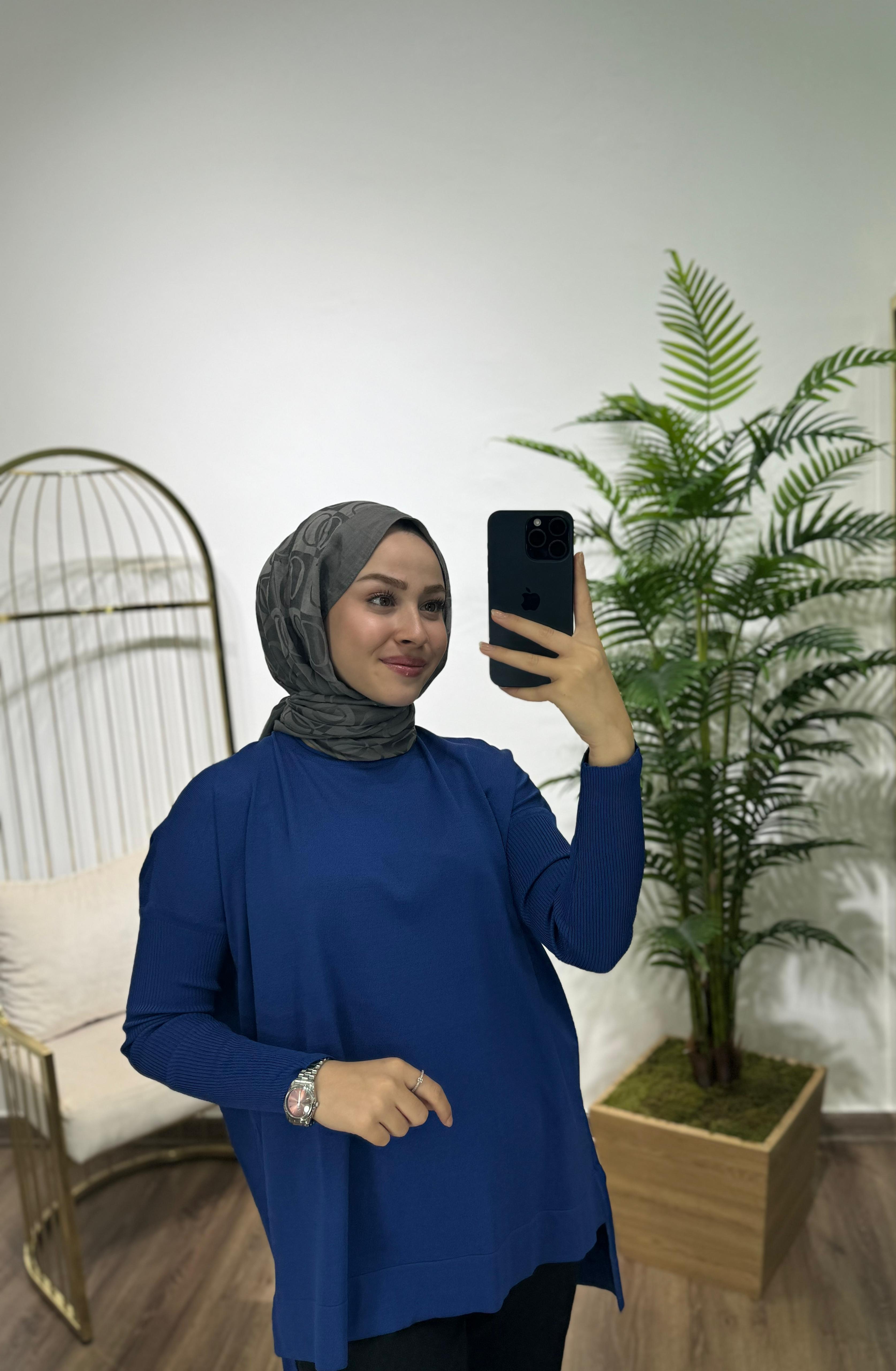 Kol Ribanalı Triko Tunik Saks Mavi