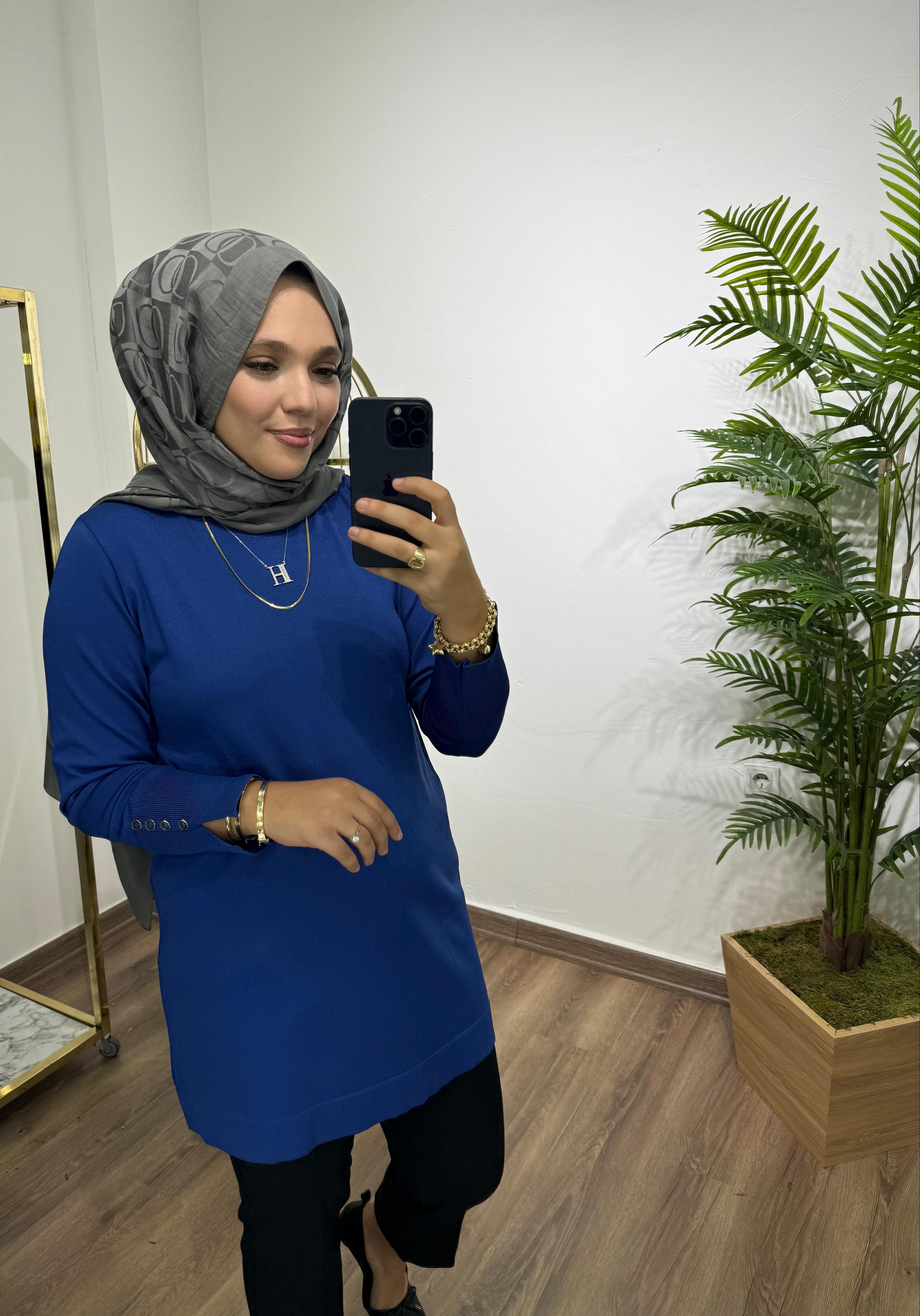 Merserize Triko Tunik Saks Mavi