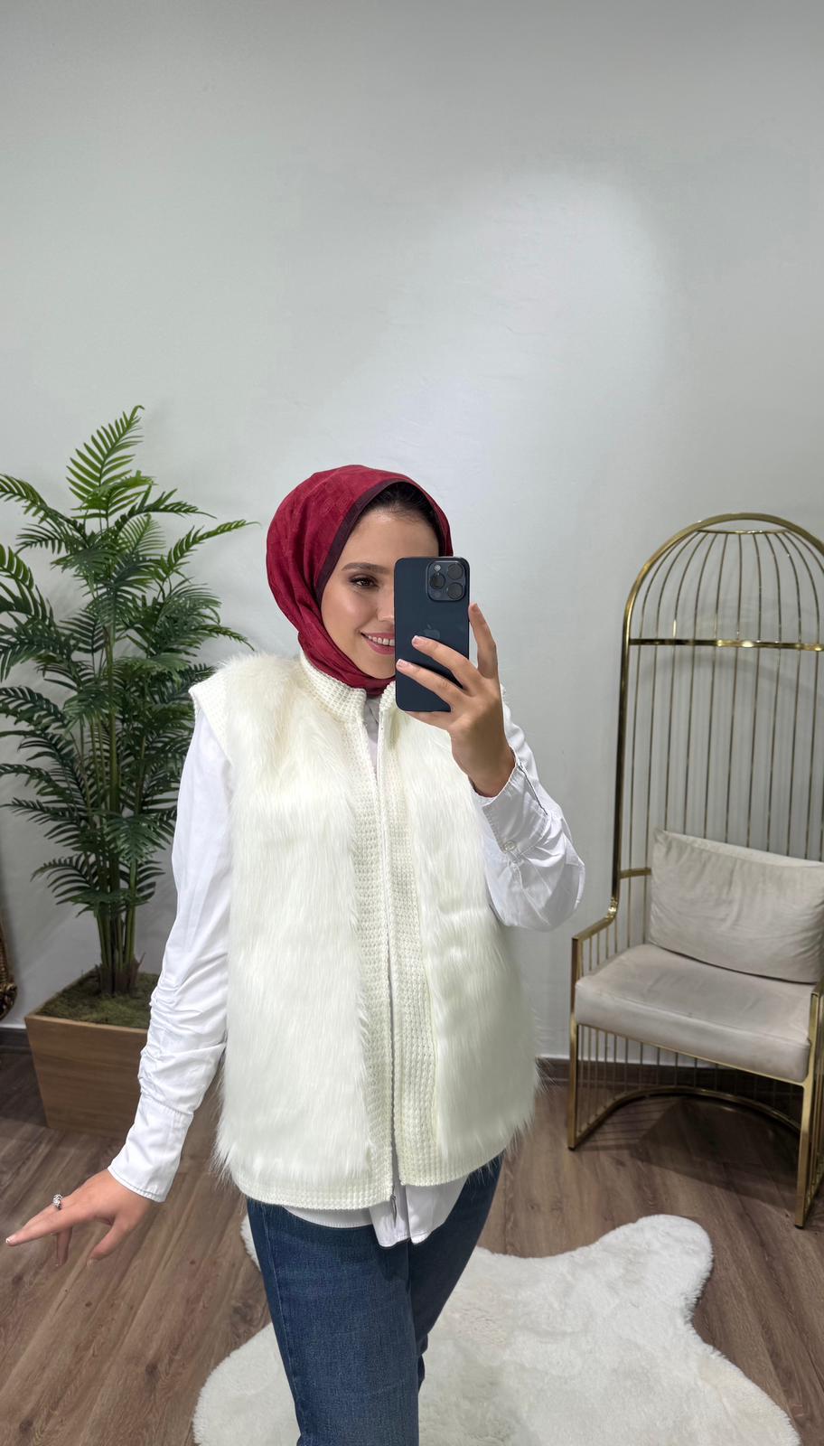 Tilki Tüylü Dokulu Yelek Ekru