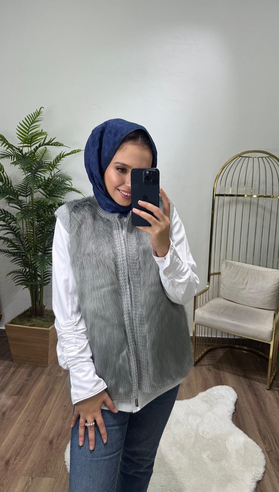 Tilki Tüylü Dokulu Yelek Gri