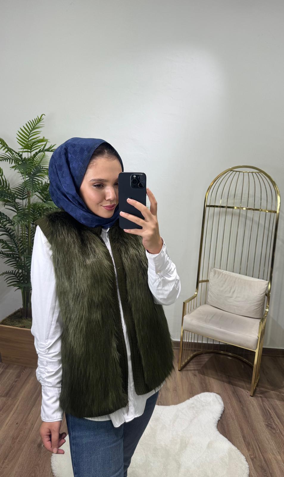 Tilki Tüylü Dokulu Yelek Kahverengi