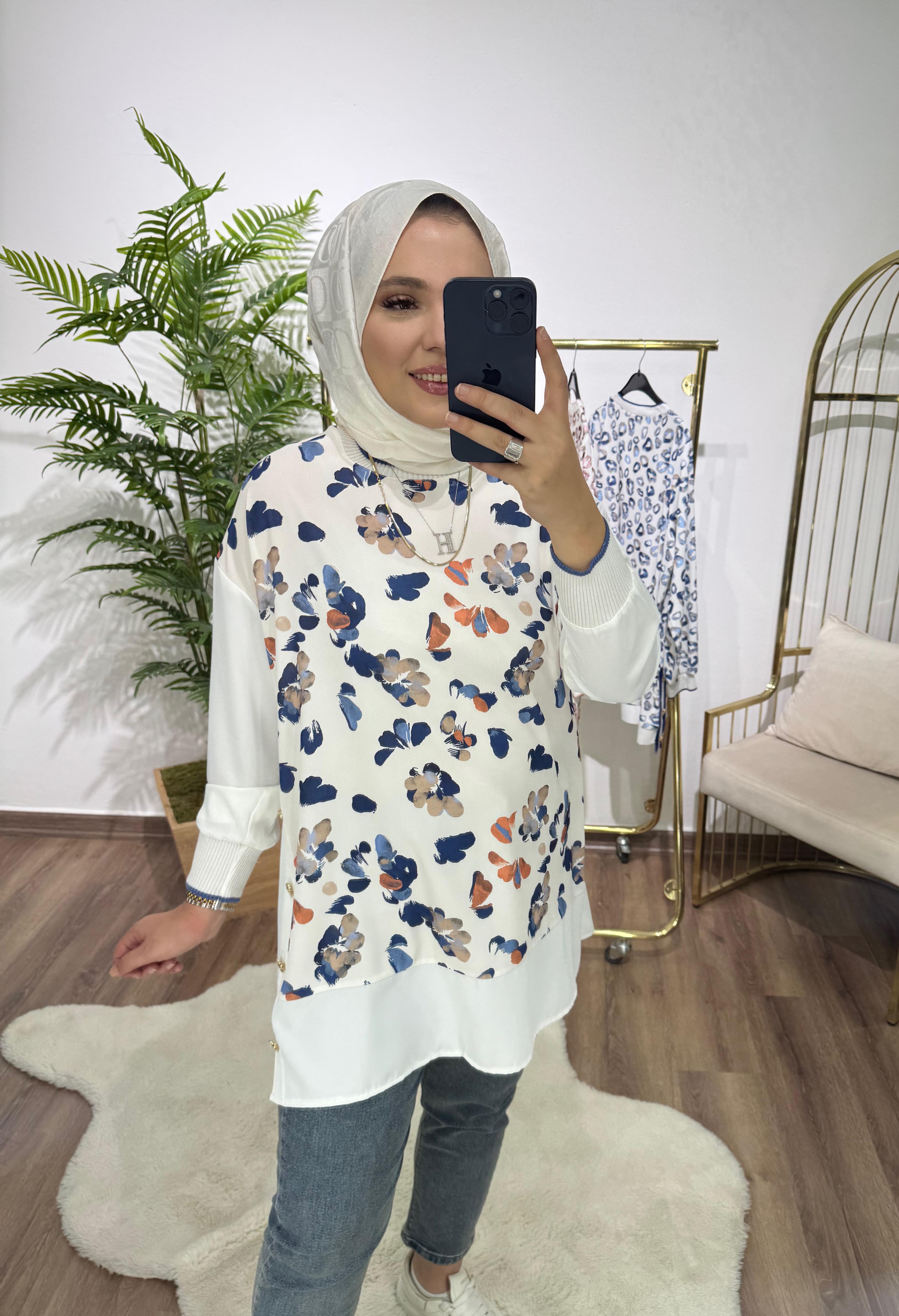 Yazlık Tunik Mavi Çiçekli