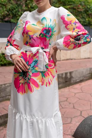 Floş Kumaşlı Çiçek Elbise (Beyaz)